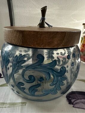 Large Decorative Blue Glass Canister with Wood Lid. New with tags